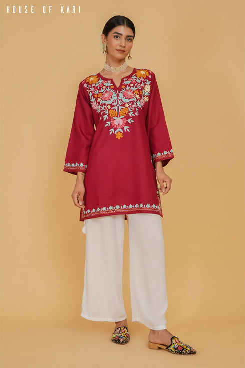 Aditi in Kashmiri Aari Work Cotton Short Kurta – Maroon